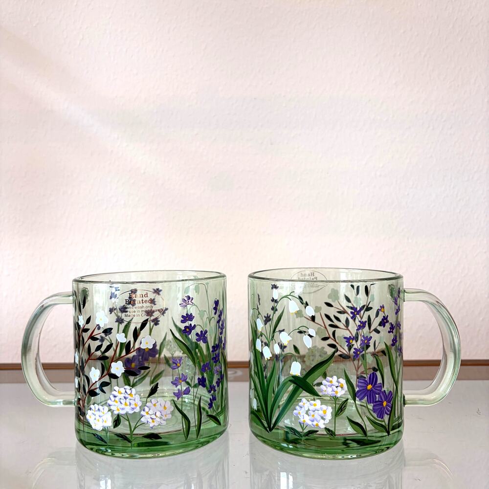 2pc Hand Painted Green Thick Glass Mugs Purple Floral Spring Garden